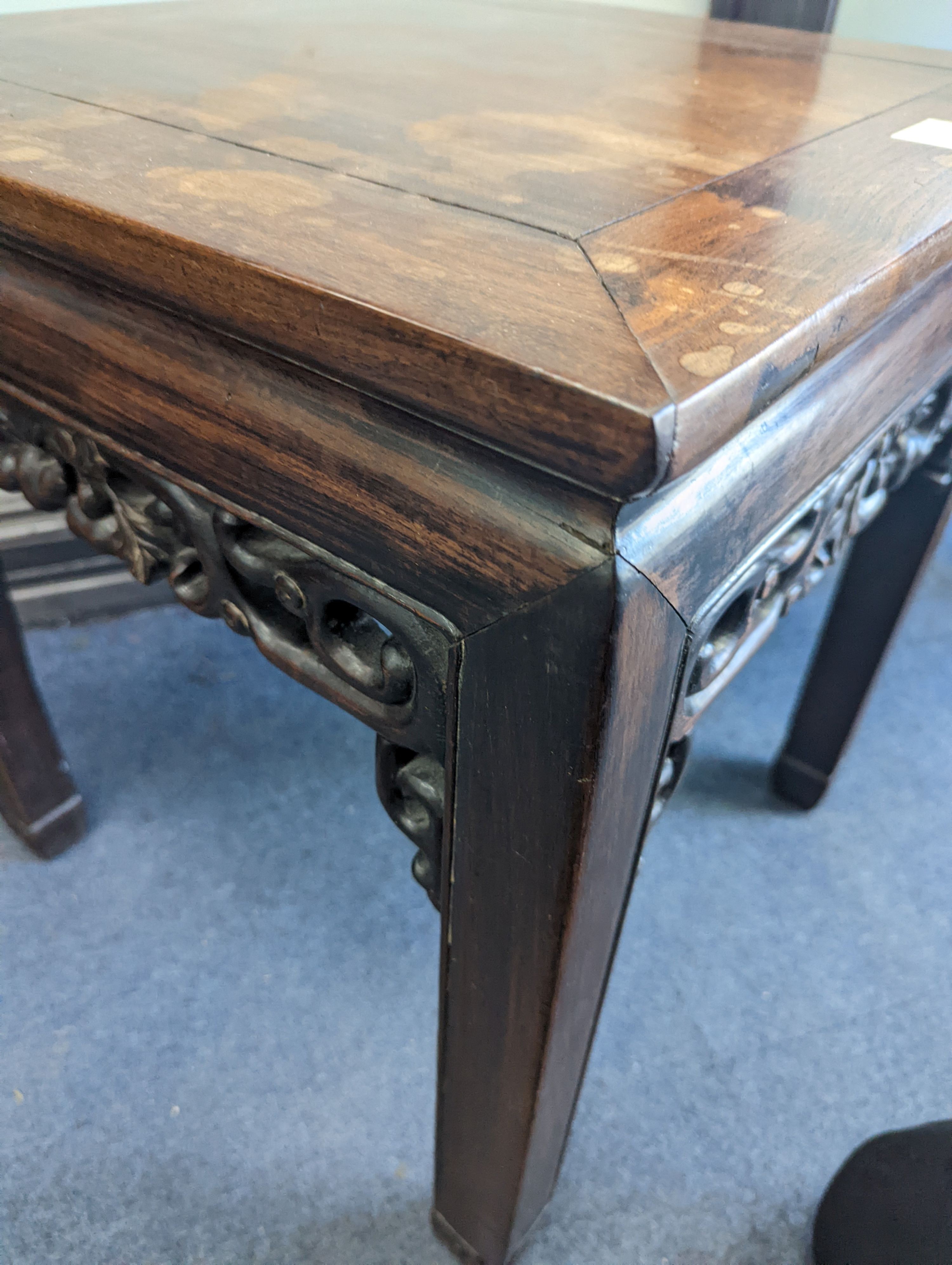 A pair of Chinese hardwood square top tables, 48cm, height 51cm